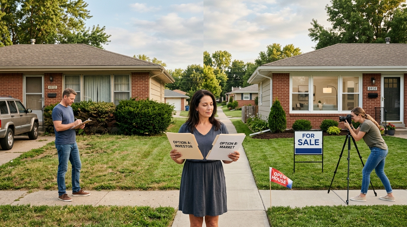 Kansas City homeowner comparing an as-is cash offer with a professionally marketed traditional home sale. Kansas City homeowner comparing an as-is cash offer with a professionally marketed traditional home sale.