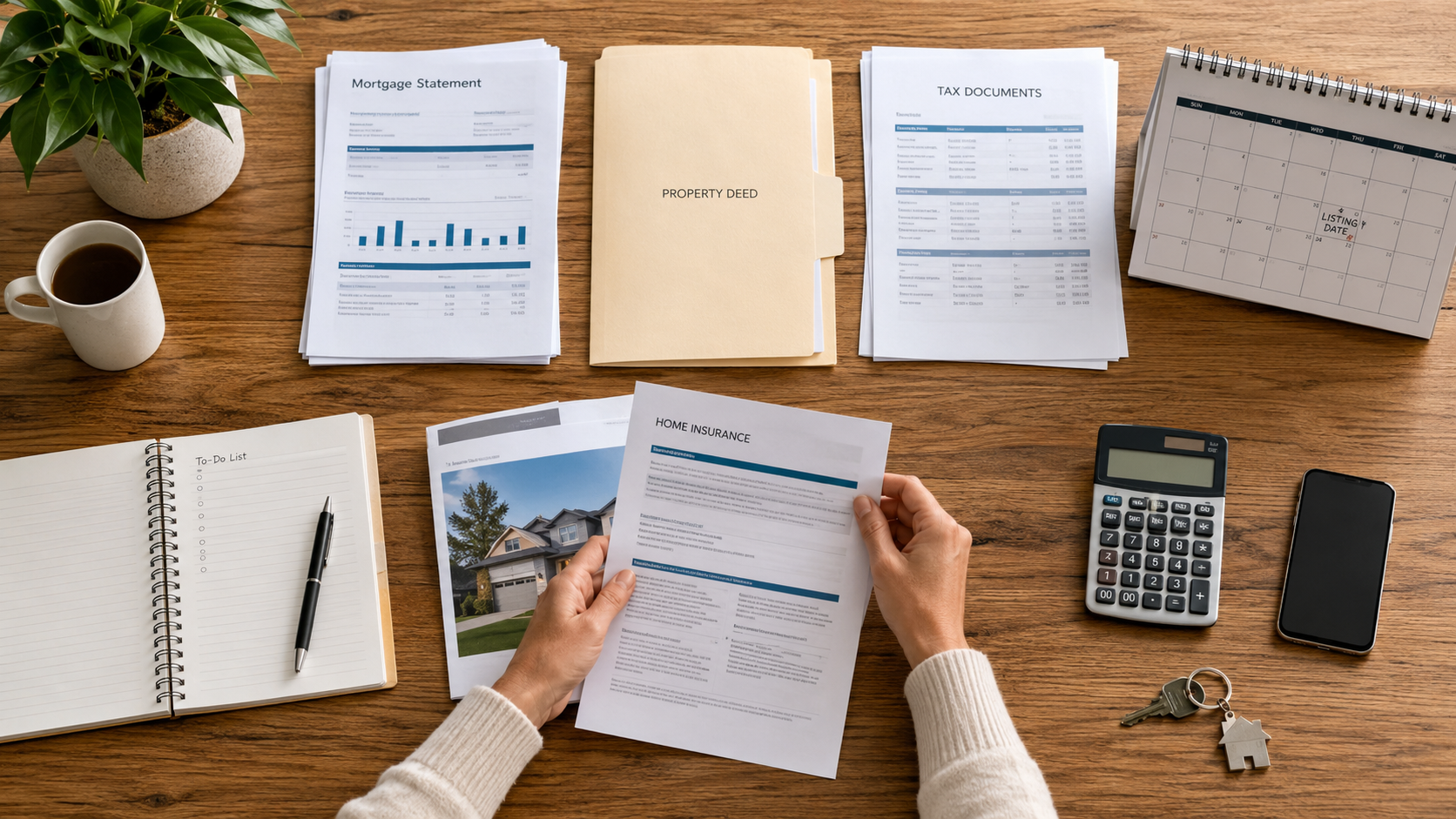 Mortgage, title and property documents organized for a Kansas City home sale before foreclosure