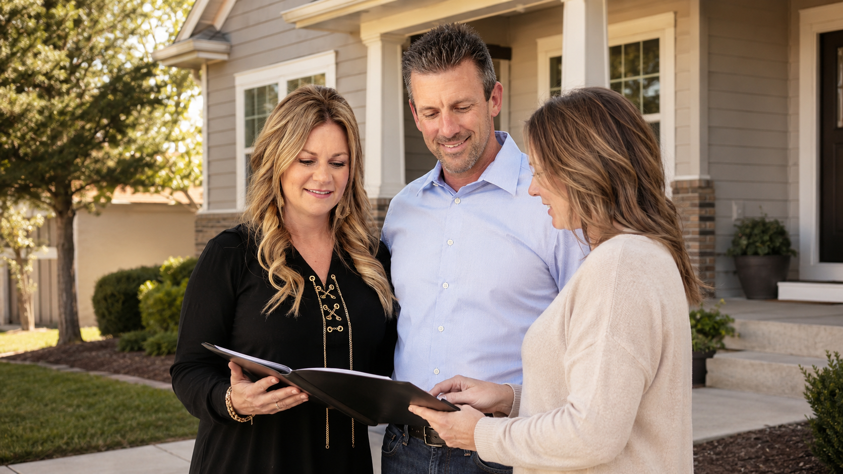 Jason and Jana DeLong of Heartland Homes KC helping a homeowner review time-sensitive selling options