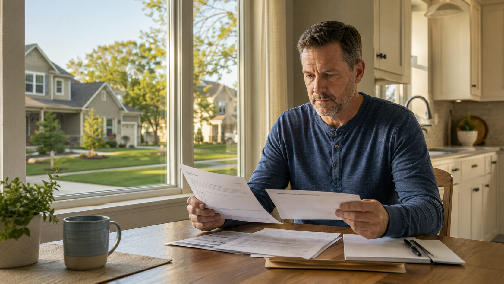 Liberty Missouri homeowner reviewing mortgage documents while considering options to sell before foreclosure. Liberty Missouri homeowner reviewing mortgage documents while considering options to sell before foreclosure.