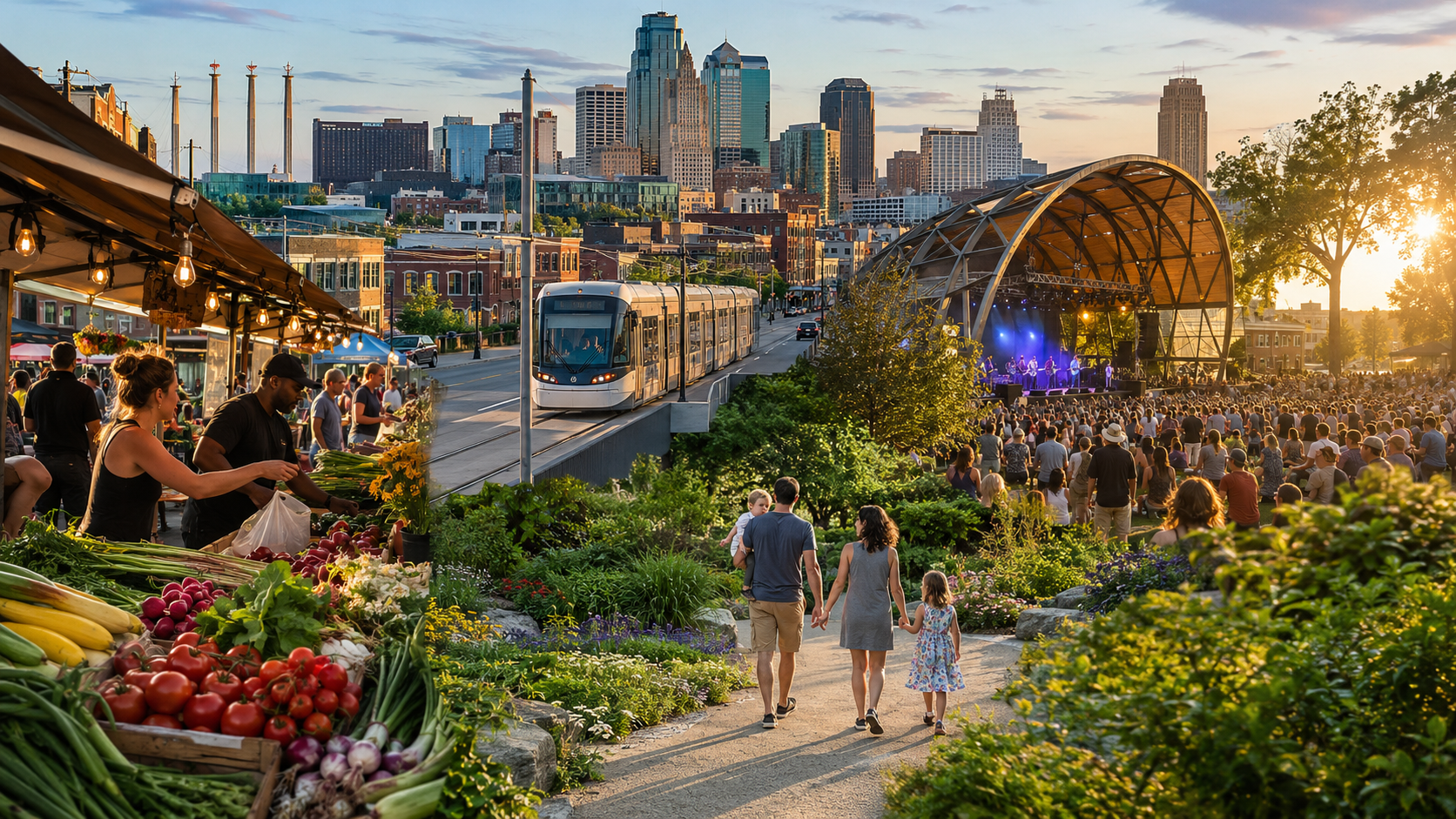 Kansas City summer weekend scene with the downtown skyline, KC Streetcar, River Market produce stalls, outdoor concert and family garden walk.