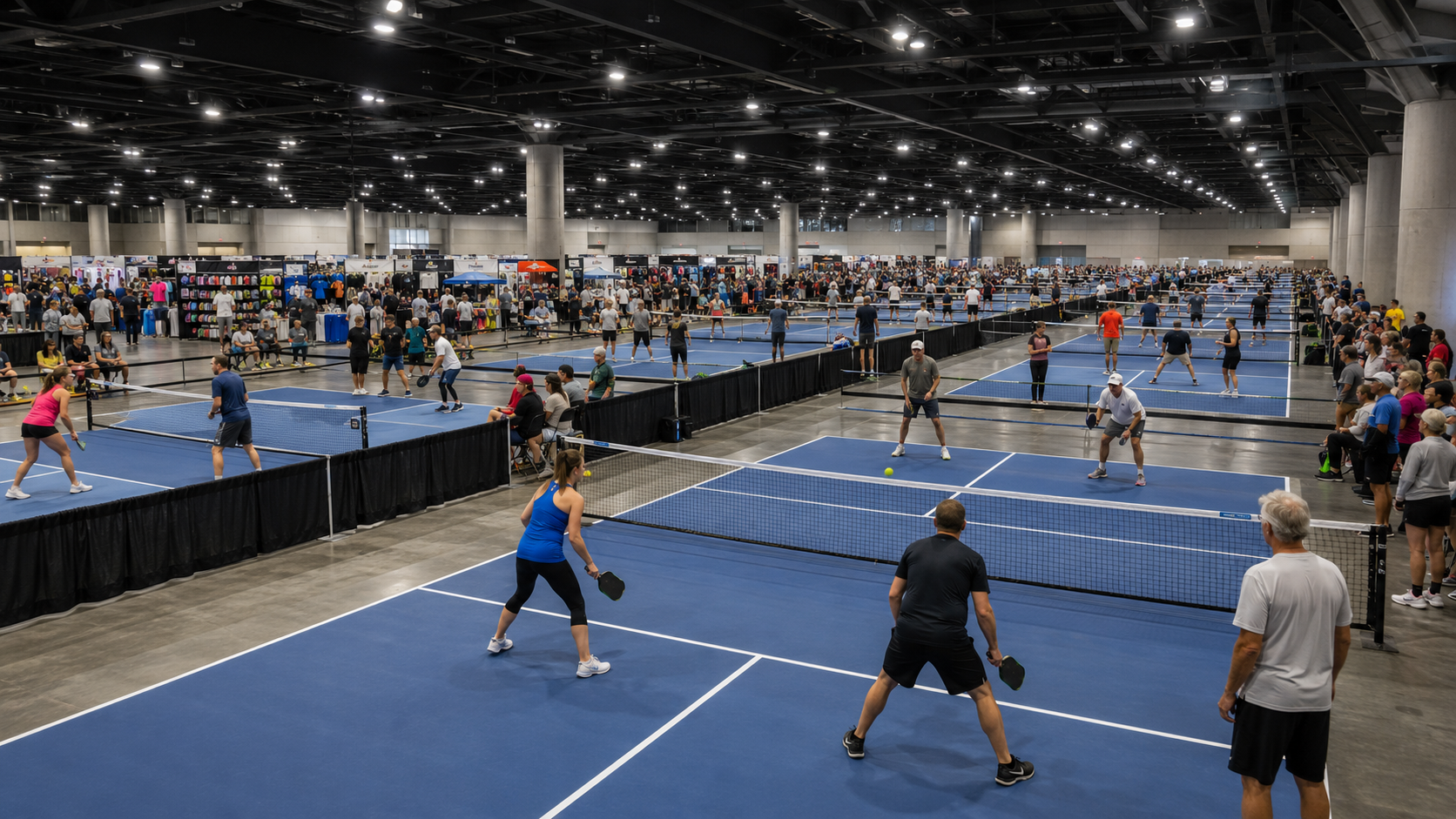 Large indoor pickleball convention in Kansas City with multiple courts, active players, spectators and sports-equipment vendor booths.