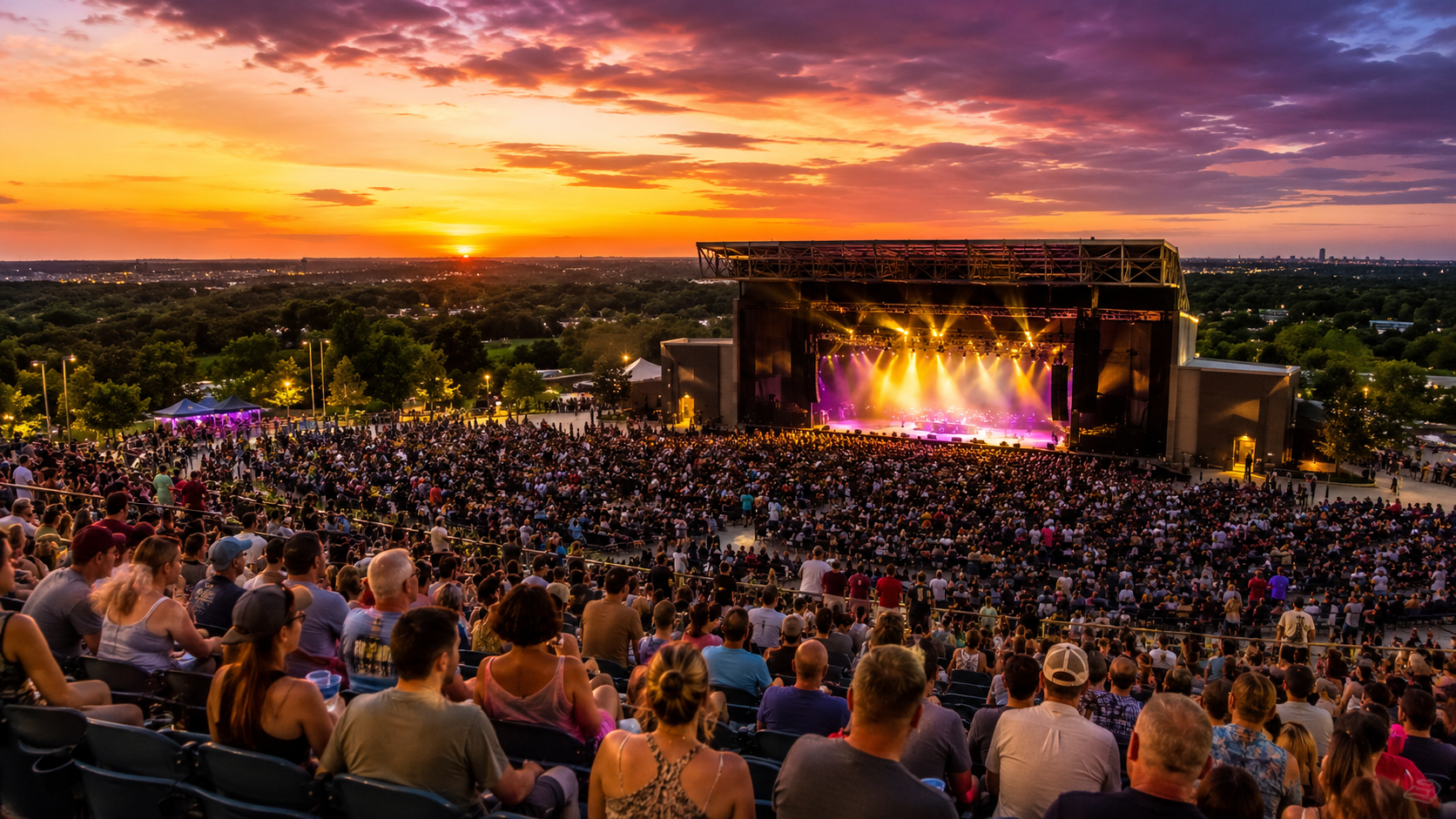 Crowd enjoying a summer concert at a Kansas City outdoor amphitheater under a vivid orange and purple sunset.
