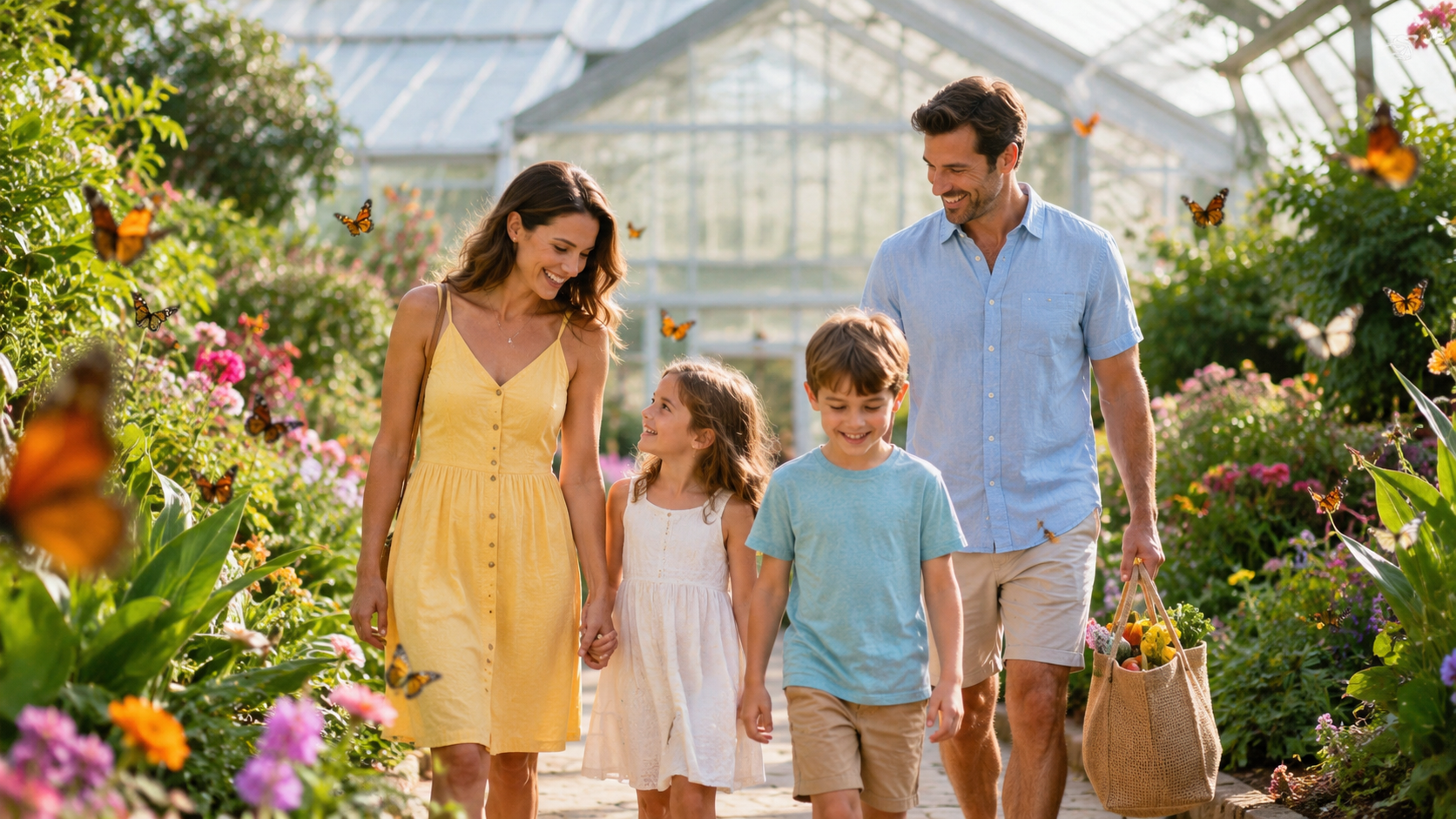 Kansas City family walking through a colorful butterfly garden near a bright conservatory on a sunny summer morning.
