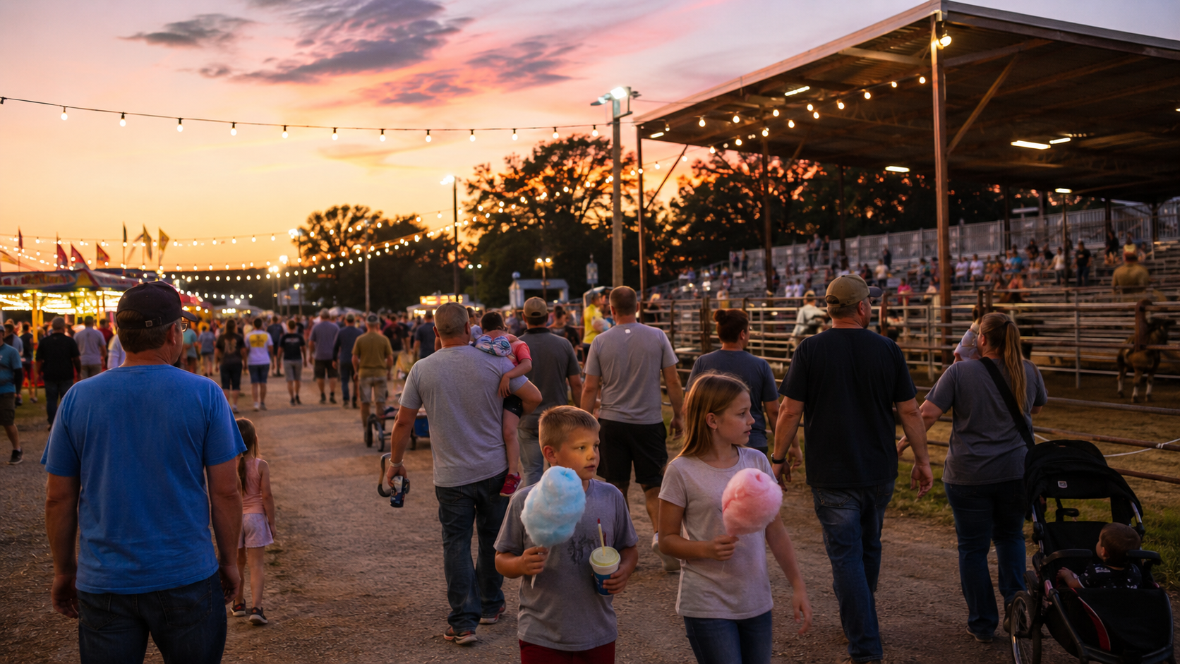 Families enjoying a traditional Kansas City, Kansas county fair at dusk with carnival lights, fair snacks, livestock barns and a rodeo arena.