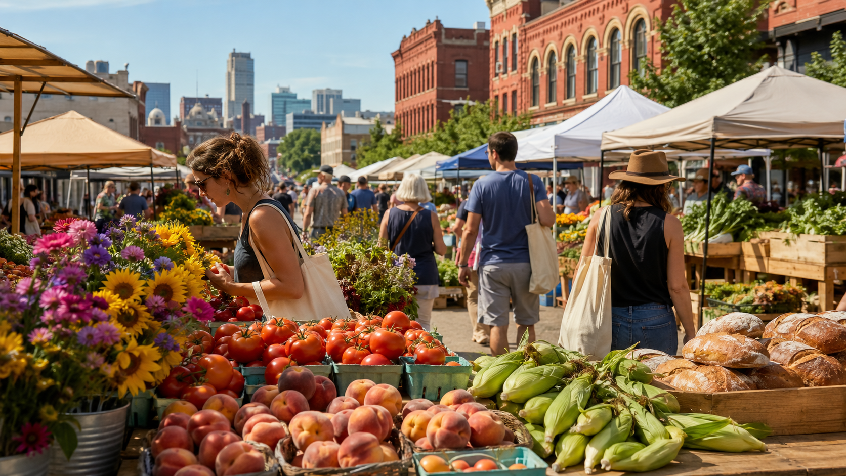 Kansas City farmers market with fresh tomatoes, peaches, sweet corn, flowers, bread and local shoppers beneath outdoor tents on a sunny morning.