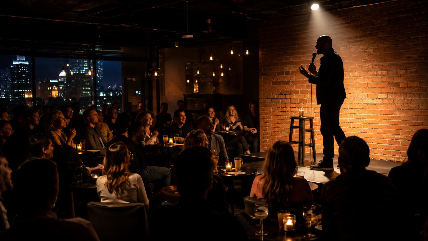 Stand-up comedian performing under a warm spotlight for a laughing audience inside an intimate Kansas City comedy club.