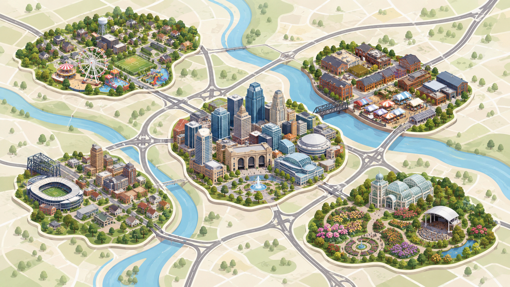 Illustrated Kansas City metro map highlighting five weekend activity zones with downtown attractions, riverfront markets, family entertainment, sports venues, gardens and connected roadways.