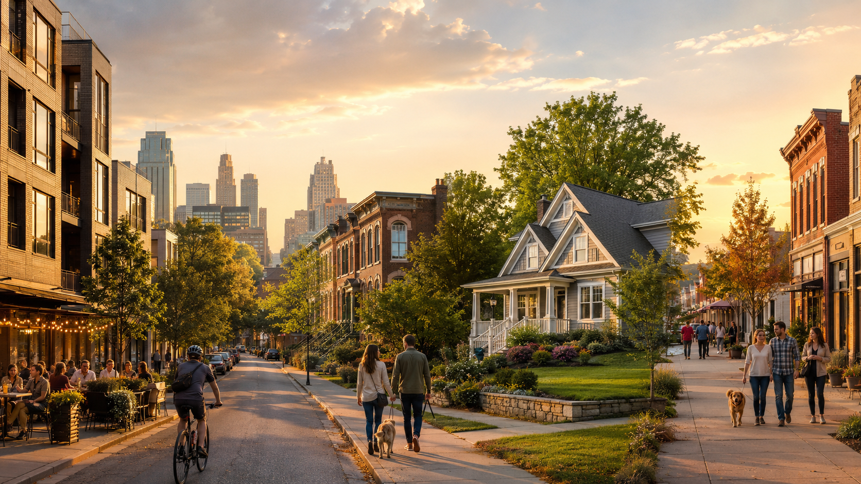 Kansas City lifestyle streetscape featuring downtown lofts, historic homes, a Northland suburb, local shops, cyclists, outdoor dining, and dog walkers at golden hour.