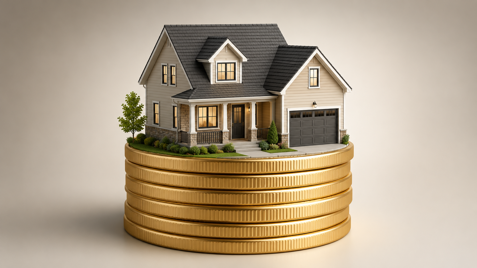 Isometric 3D illustration of a suburban single-family home resting on stacked gold coins, symbolizing housing value and affordability.