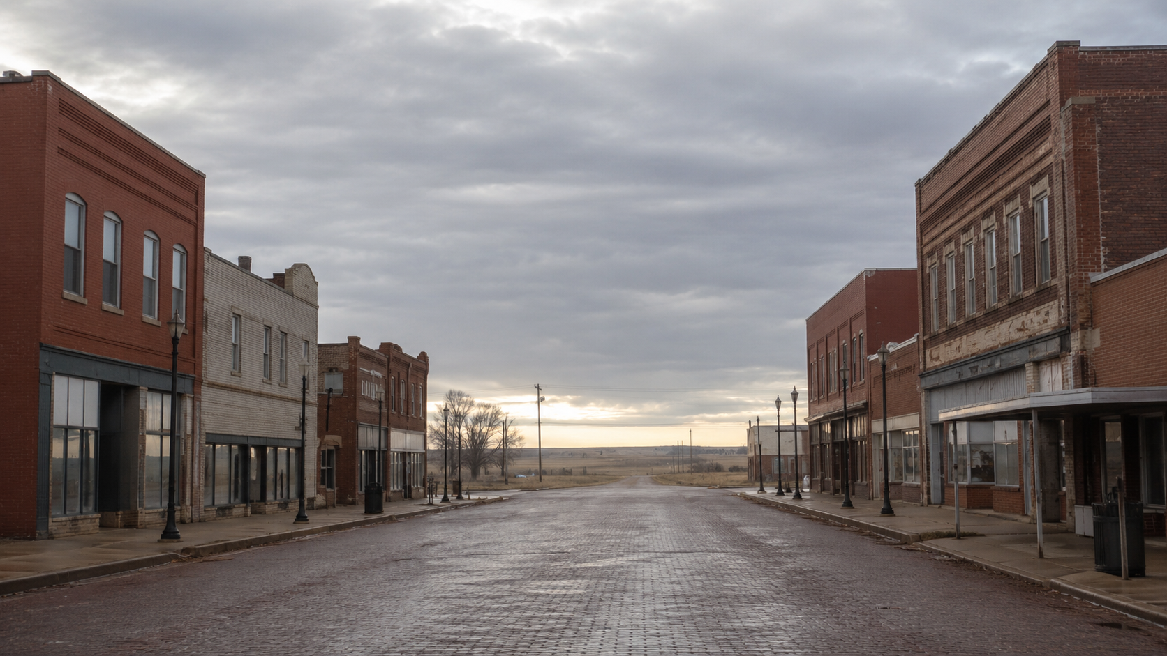 Weathered historic brick storefronts line an empty rural Kansas main street leading toward open prairie beneath a soft overcast sky.