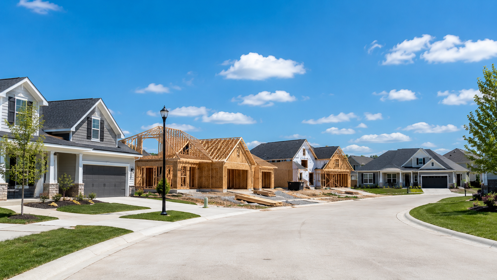 New entry-level homes under construction beside finished houses on a sunny suburban cul-de-sac, showing neighborhood growth and residential development.