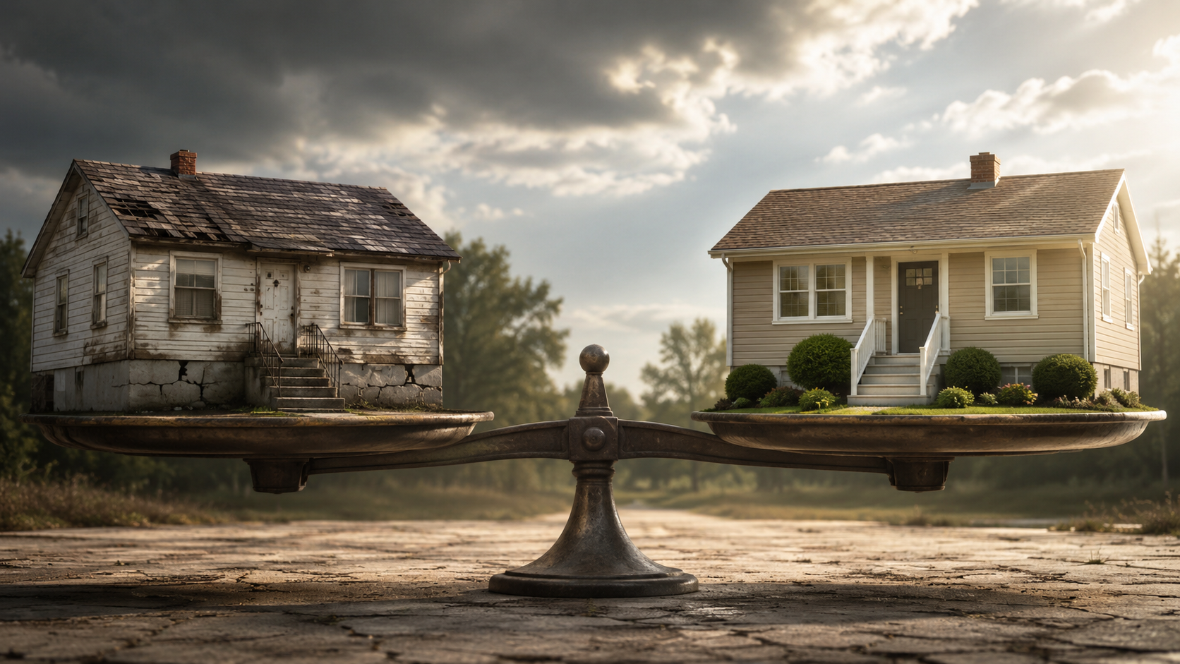 Balanced scale comparing a deteriorated house with foundation and roof damage to a modest, well-maintained home.