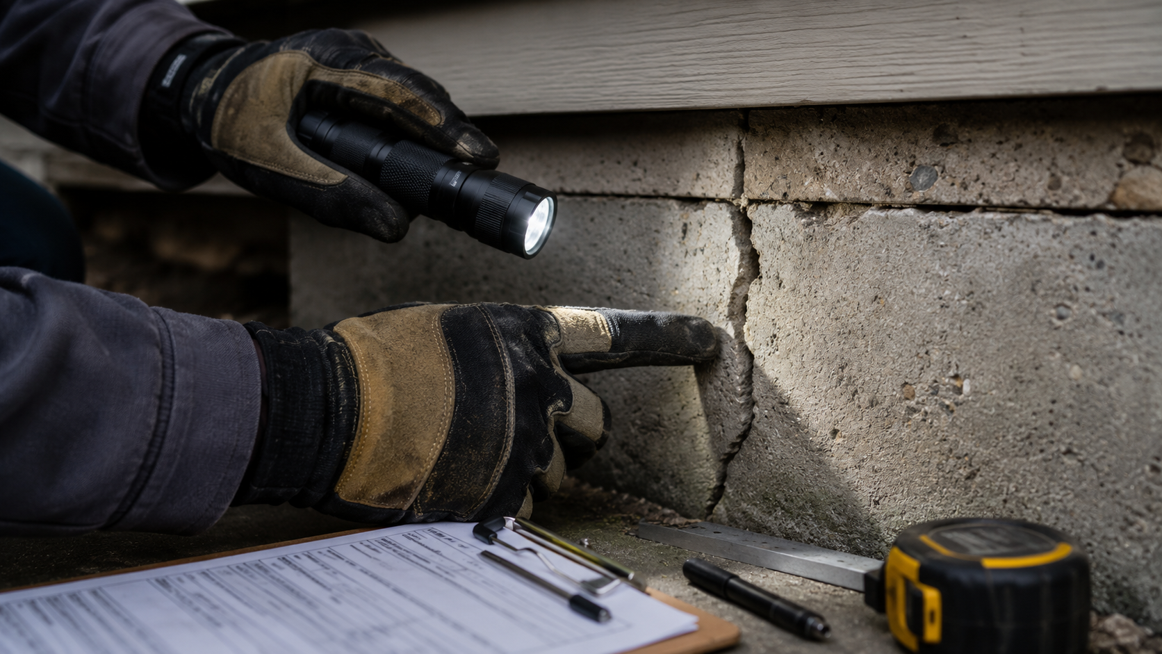 Home inspector using a flashlight to examine a crack in a residential concrete foundation, with a clipboard and tools nearby.