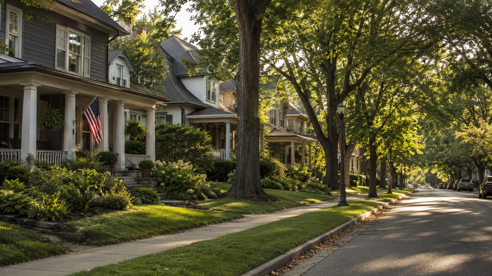 Tree-lined street with well-maintained older homes, front porches, mature trees and green lawns in an established Kansas City neighborhood.