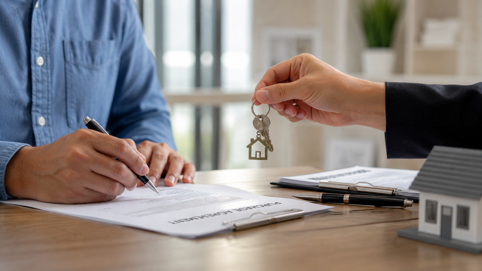 Homeowner signing real estate paperwork while handing over house keys during a professional Kansas City home sale transaction.
