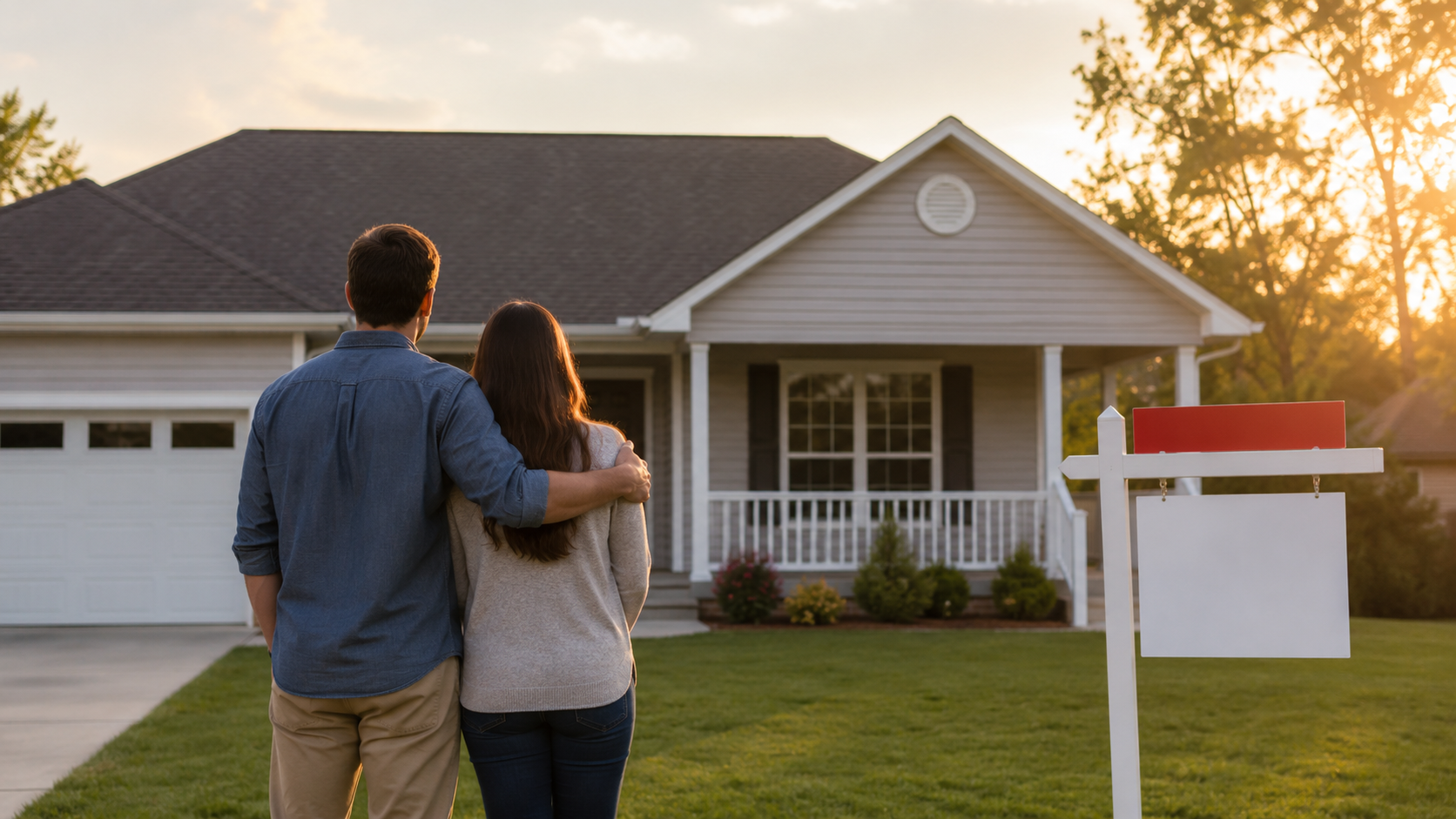 Young couple viewing their modest first home beside a real estate sign in warm evening light.