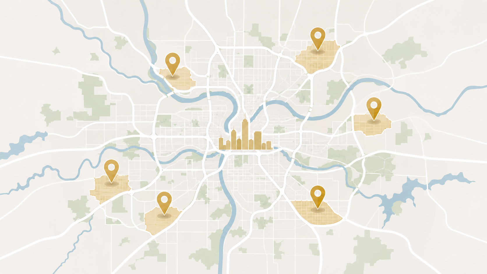 Stylized Kansas City metro map with gold location pins highlighting affordable housing areas around the city center.
