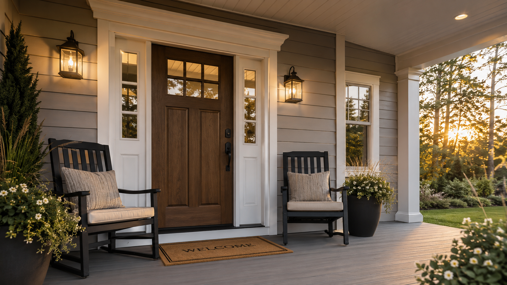 Inviting front porch of a well-kept home with two chairs, a welcome mat, flowering planters and warm sunset light.