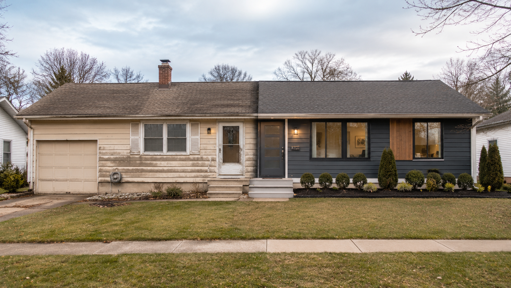 Mid-century Kansas City ranch home with one dated exterior half and one freshly renovated half, illustrating as-is home selling and renovation potential.