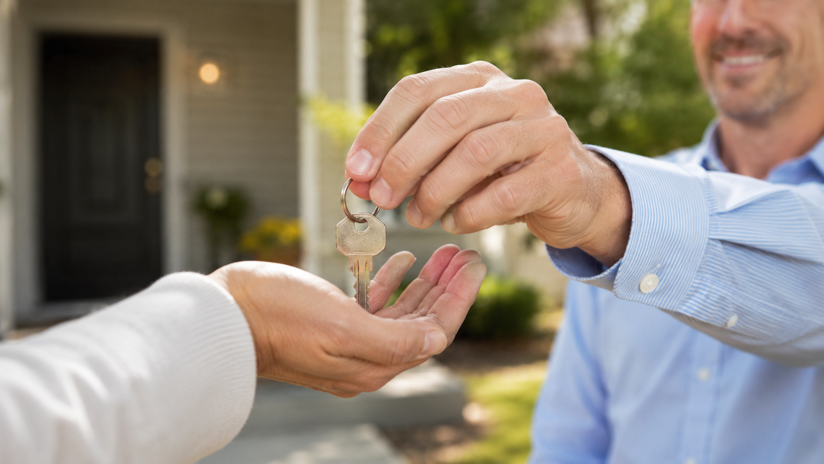 Kansas City real estate professional handing house keys to a homeowner outside a modest suburban home.