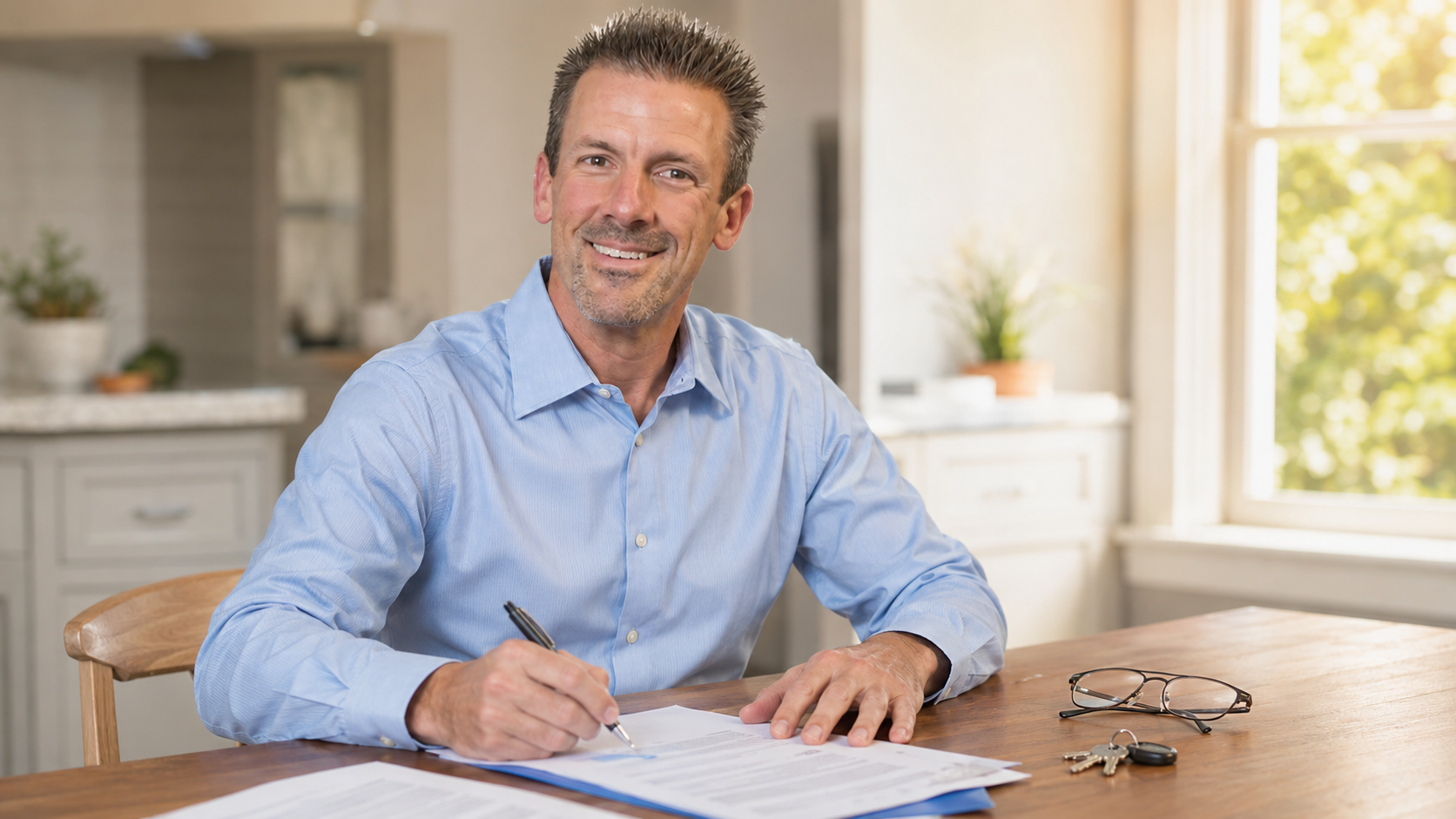 Kansas City homeowner signing property paperwork at a bright kitchen table with house keys and reading glasses nearby.