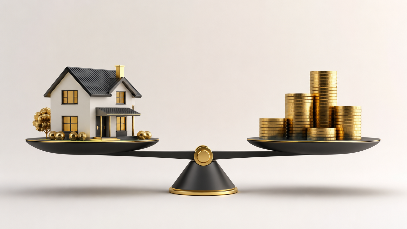 Isometric 3D balance scale weighing a modern house against stacked gold coins, representing Kansas City home value and real estate equity.