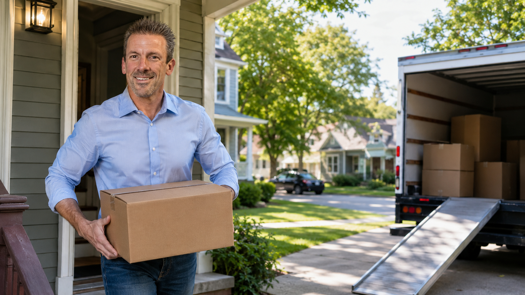 Jason DeLong carrying a moving box from an older Kansas City home toward a moving truck on a bright suburban street.
