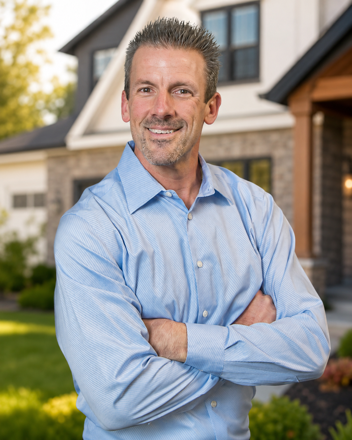 Jason DeLong of Heartland Homes KC standing confidently in front of a Kansas City suburban home.