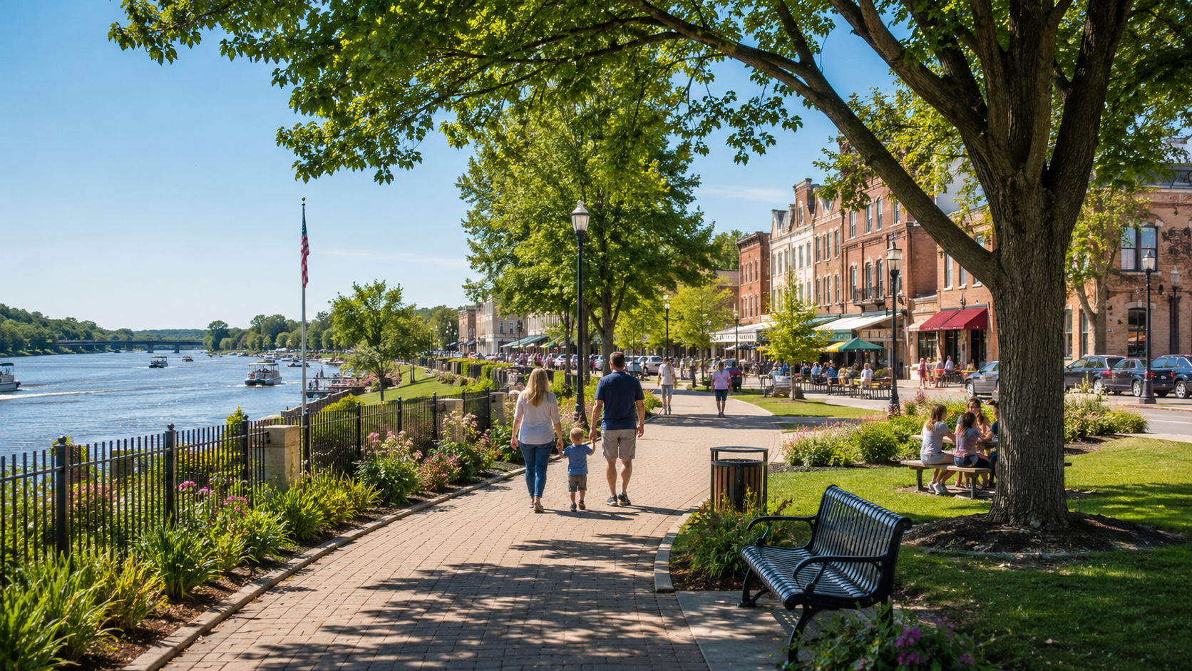 Families walking along a scenic riverfront park trail near a historic small-town main street on a bright summer day.