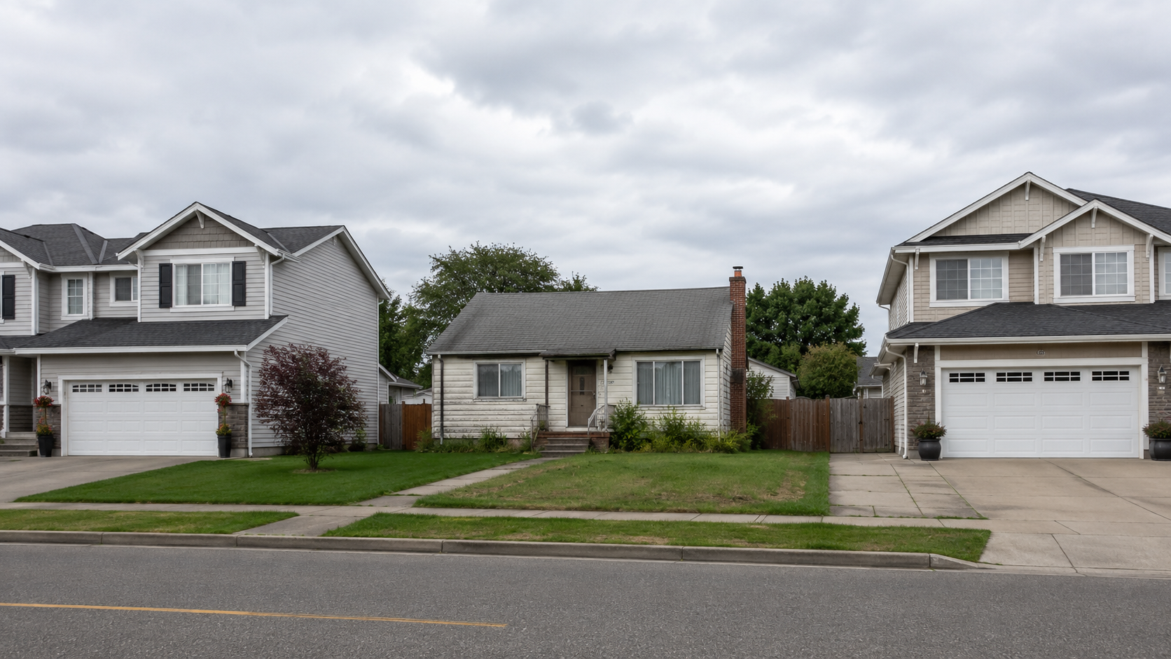 Slightly weathered older house standing between newer, well-maintained suburban homes on an overcast day.