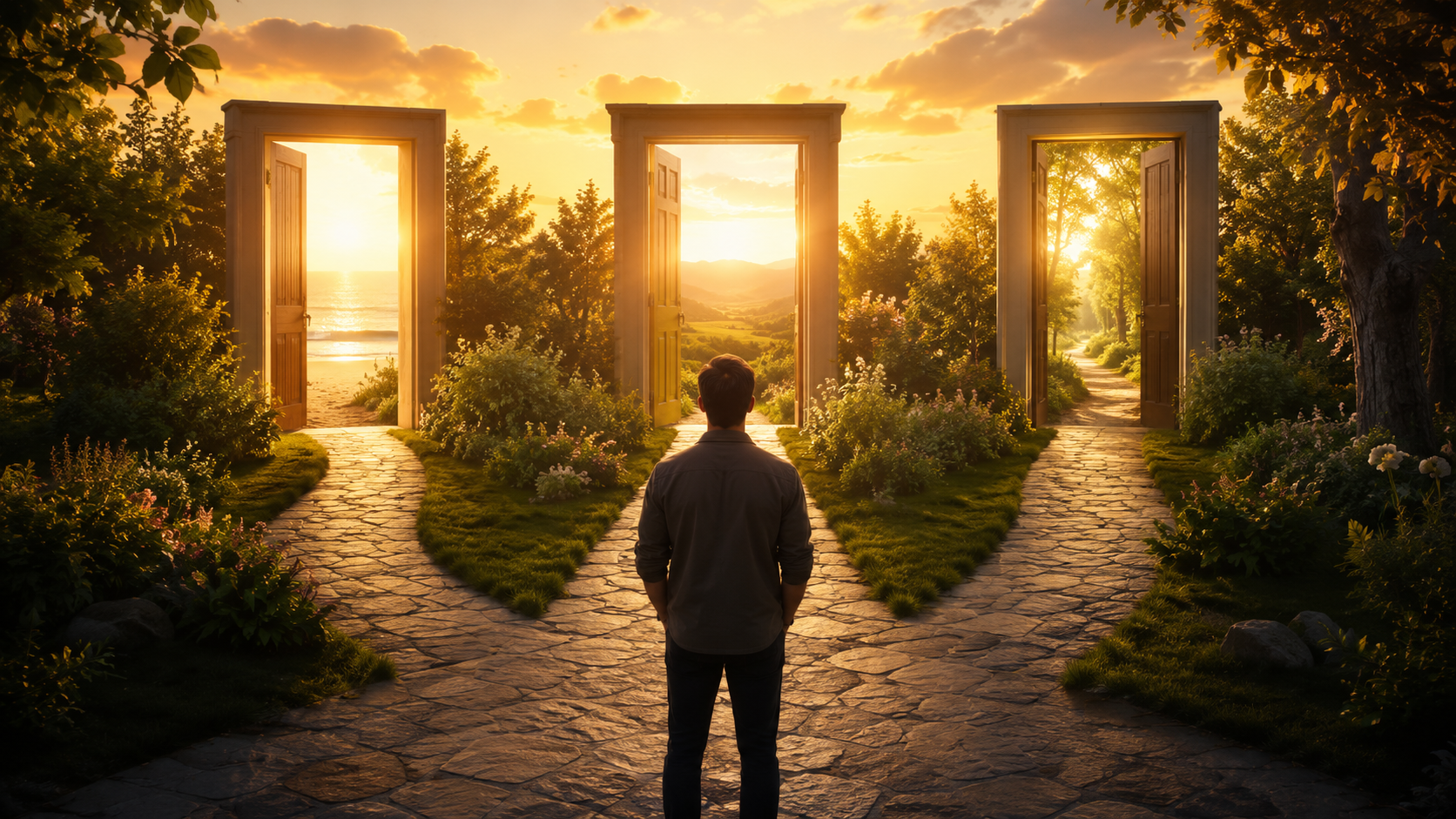 Homeowner standing before three diverging garden paths leading to bright open doors, symbolizing real estate choices, opportunity and a hopeful new beginning.