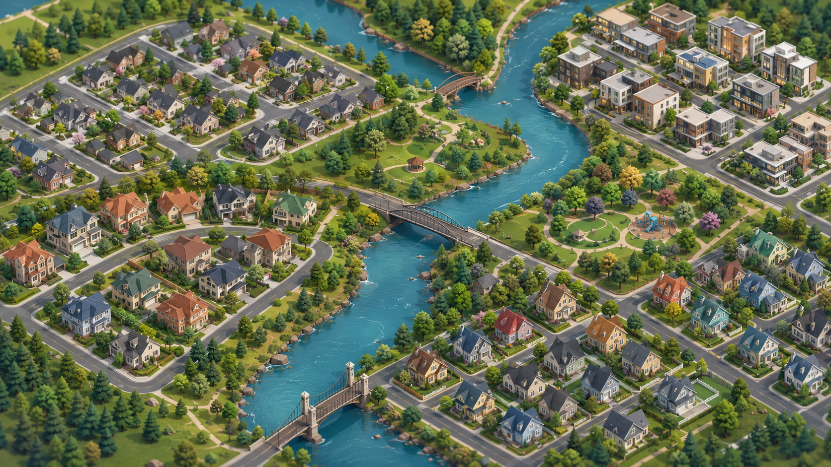 Isometric 3D illustration of distinct suburban neighborhoods with varied home styles, parks, tree-lined streets, bridges, and green spaces surrounding a winding river.