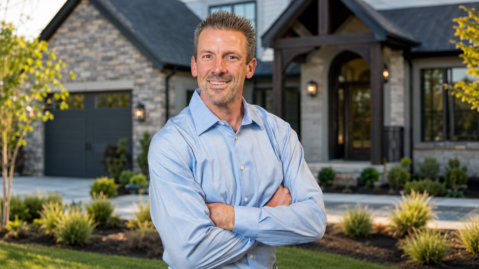 Jason DeLong of Heartland Homes KC standing in front of a luxury Kansas City Northland home.