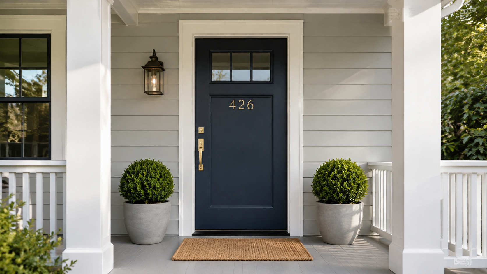 Deep navy front door with modern brass hardware, woven doormat, and matching potted boxwoods on a light-gray craftsman porch.