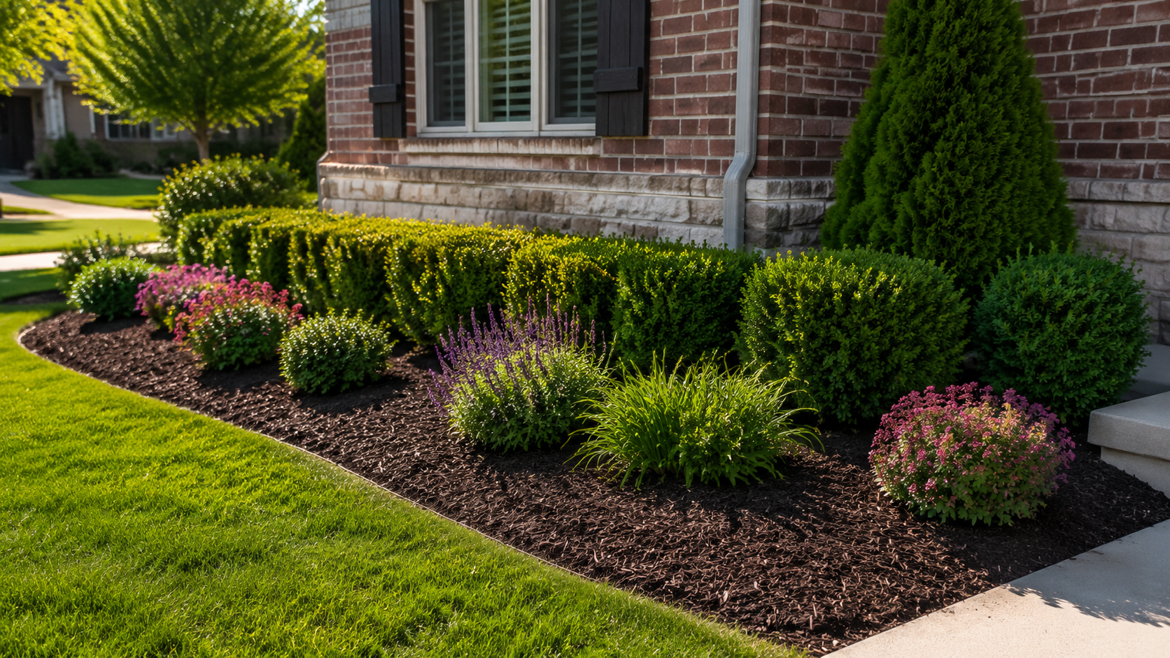 Freshly mulched front garden bed with crisp edging, trimmed boxwoods, flowering perennials, and a healthy green lawn beside a brick home.