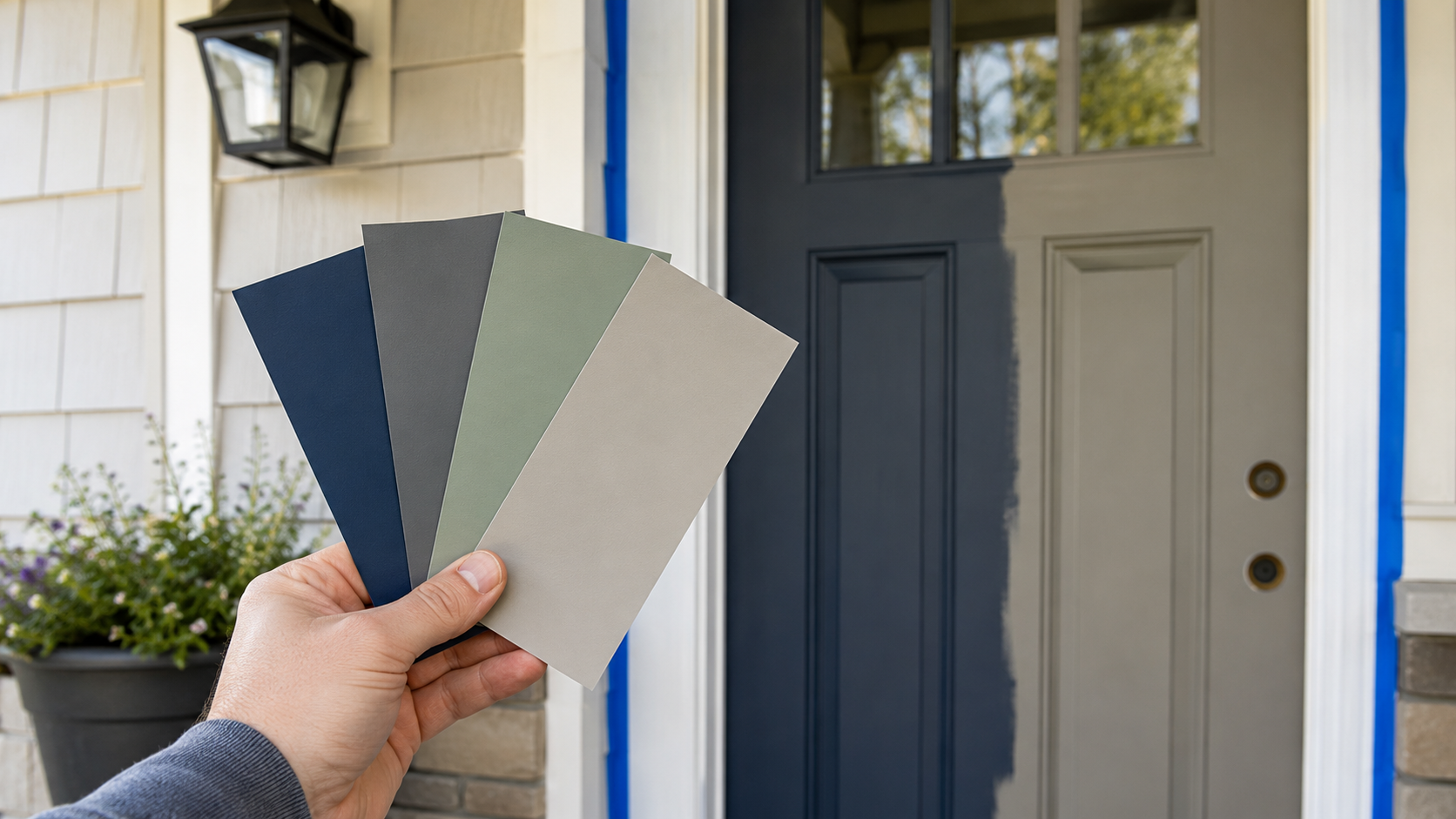 Hand holding navy, charcoal, sage green, and warm greige exterior paint swatches in front of a partially repainted front door.