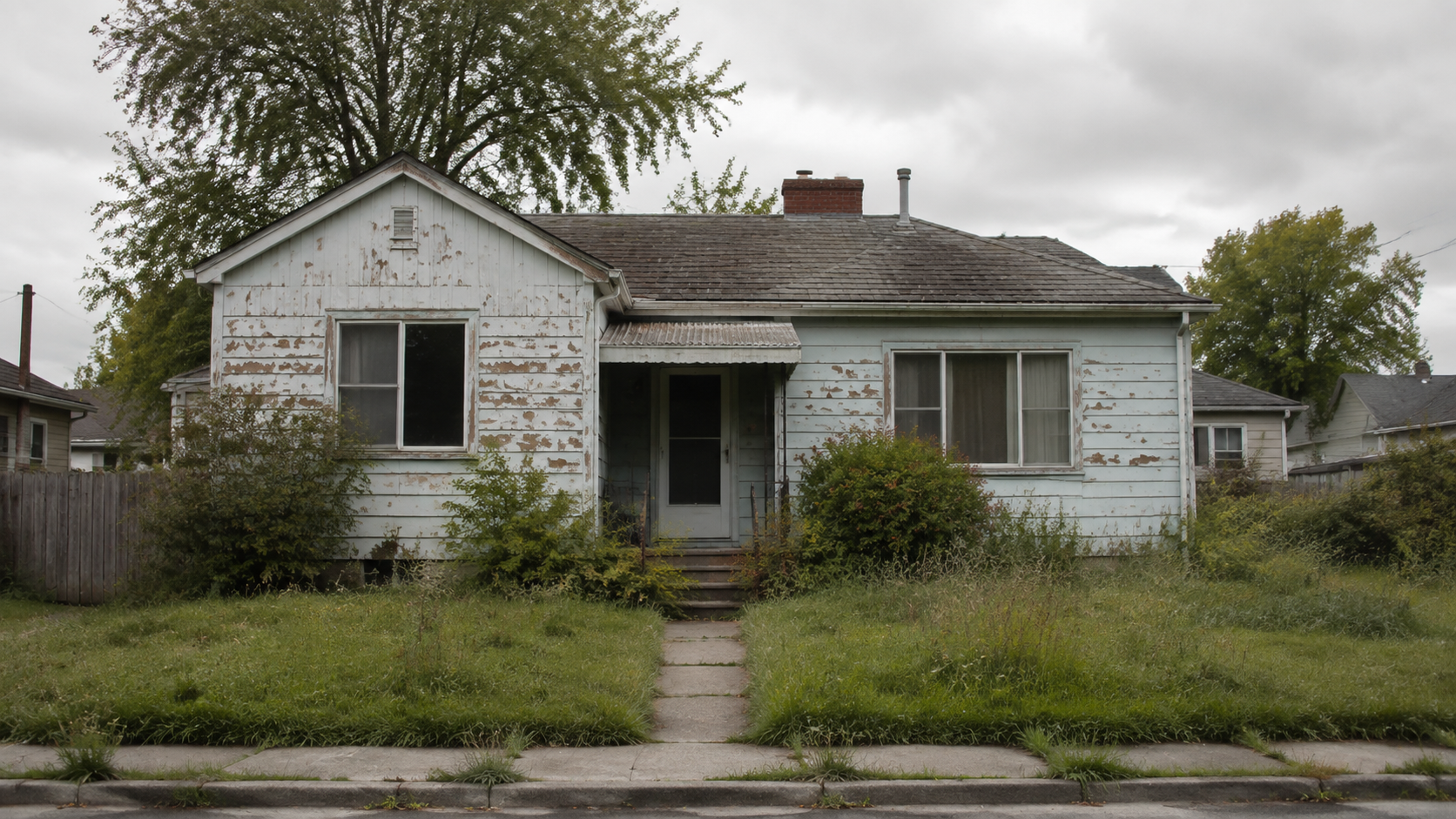 Weathered older home with peeling exterior paint, an aging roof, overgrown shrubs, and an unmaintained front lawn needing major repairs.