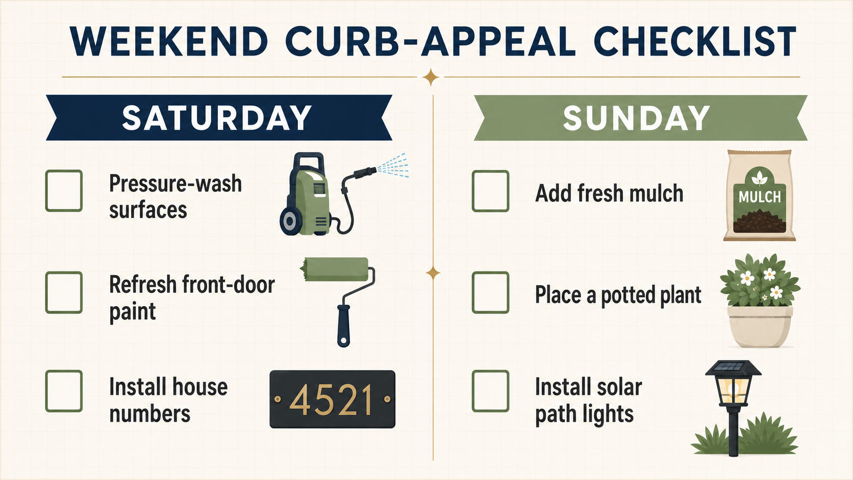 Two-day weekend curb-appeal checklist with Saturday tasks for pressure washing, painting, and house numbers, plus Sunday landscaping and solar lighting.