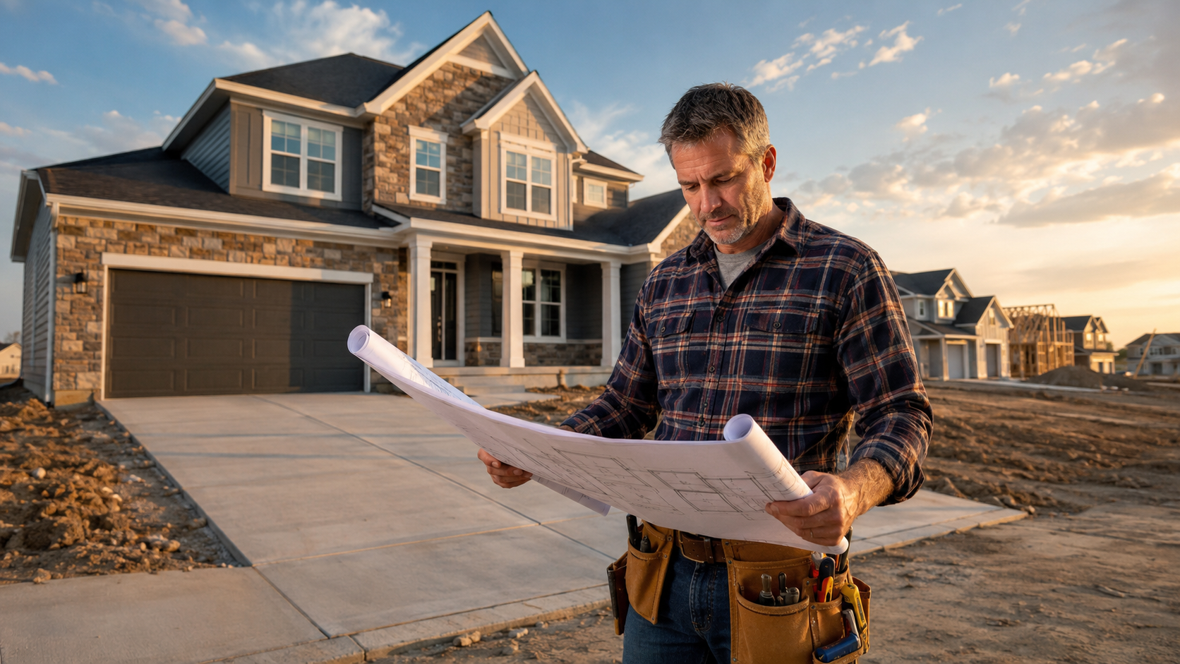 Middle-aged home builder reviewing blueprints outside a nearly completed two-story home in a suburban Kansas City development. Middle-aged home builder reviewing blueprints outside a nearly completed two-story home in a suburban Kansas City development.