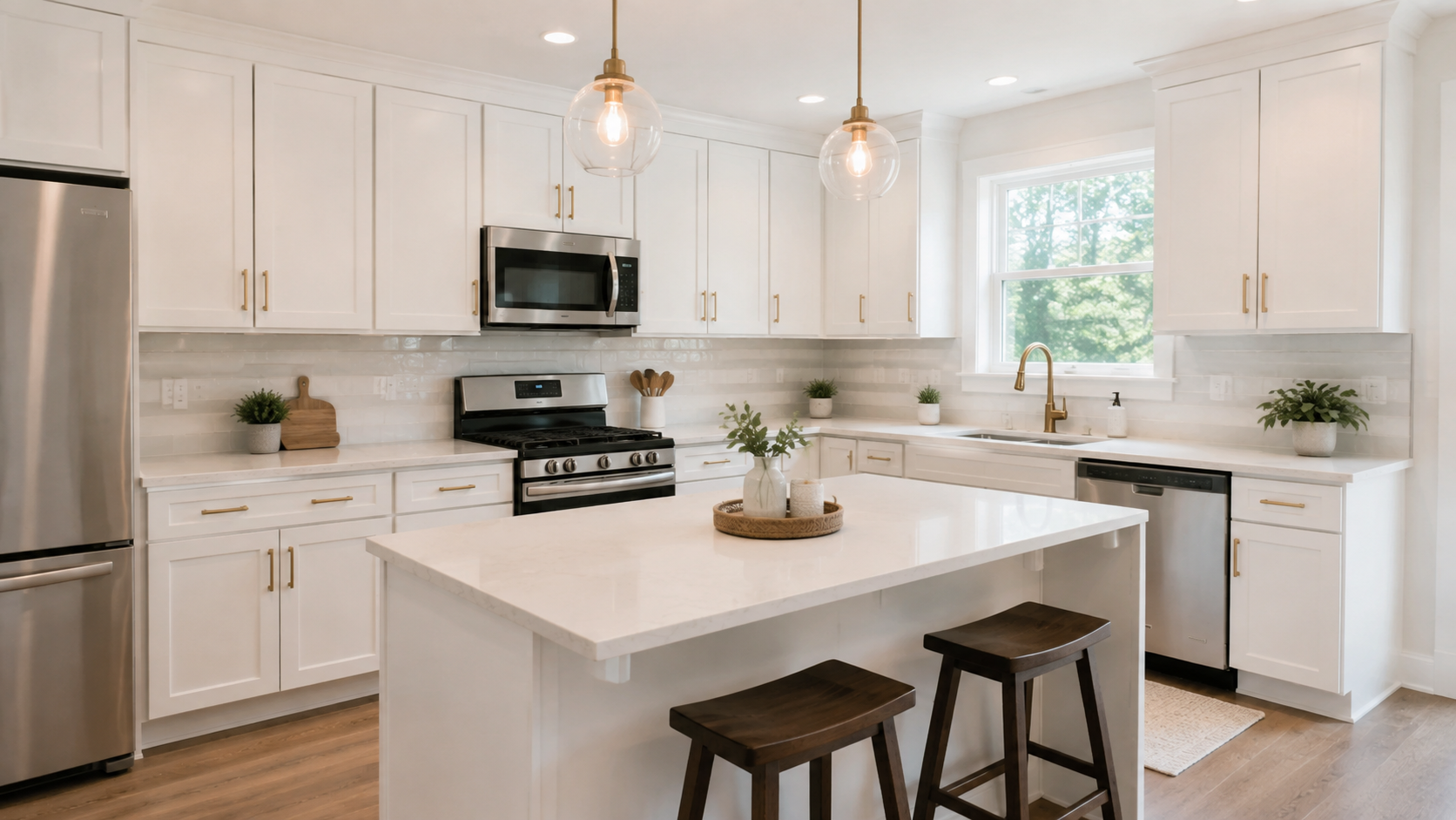 Refreshed mid-range kitchen with white cabinets, brushed-gold hardware, quartz countertops, and updated pendant lighting. Refreshed mid-range kitchen with white cabinets, brushed-gold hardware, quartz countertops, and updated pendant lighting.