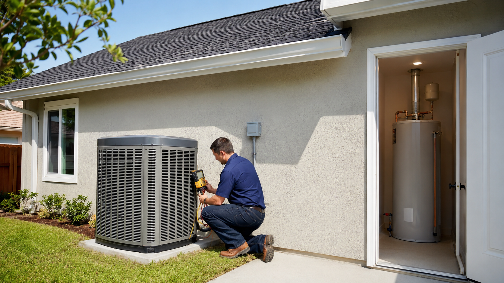 HVAC technician inspecting an outdoor air-conditioning unit beside a home with a new shingle roof and water heater. HVAC technician inspecting an outdoor air-conditioning unit beside a home with a new shingle roof and water heater.