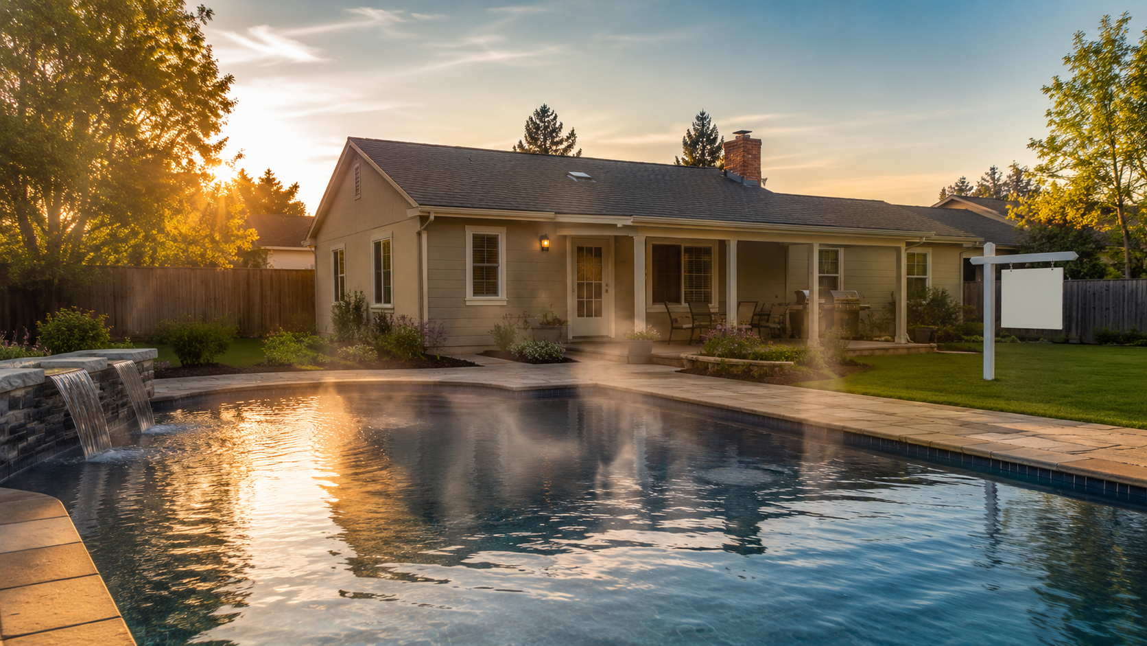 Luxury backyard pool behind a modest suburban home for sale, with vapor rising from the water to suggest lost resale value. Luxury backyard pool behind a modest suburban home for sale, with vapor rising from the water to suggest lost resale value.