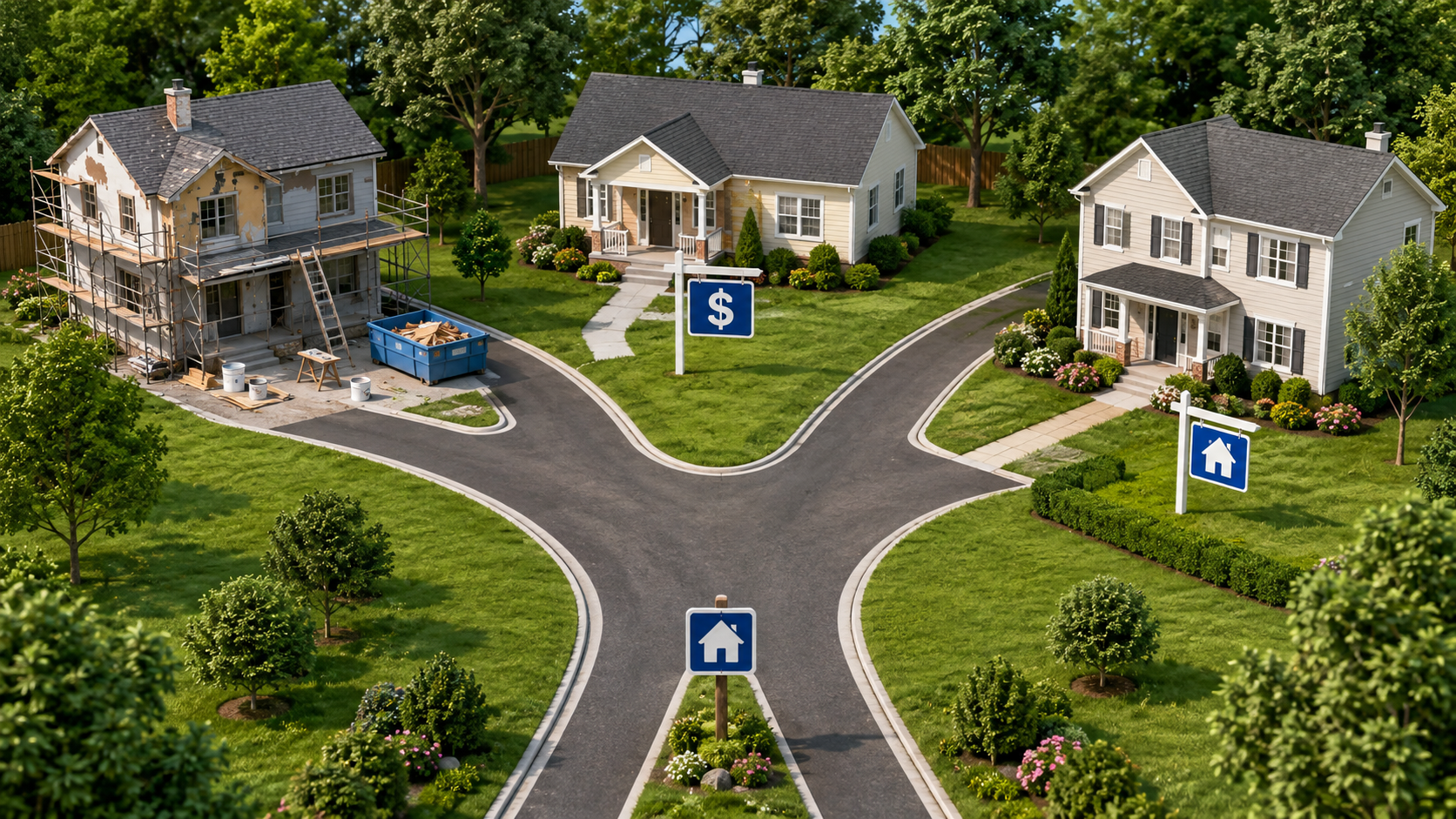 Three-way suburban road illustrating home-selling options renovate, accept a cash offer, or list the property for sale. Three-way suburban road illustrating home-selling options renovate, accept a cash offer, or list the property for sale.