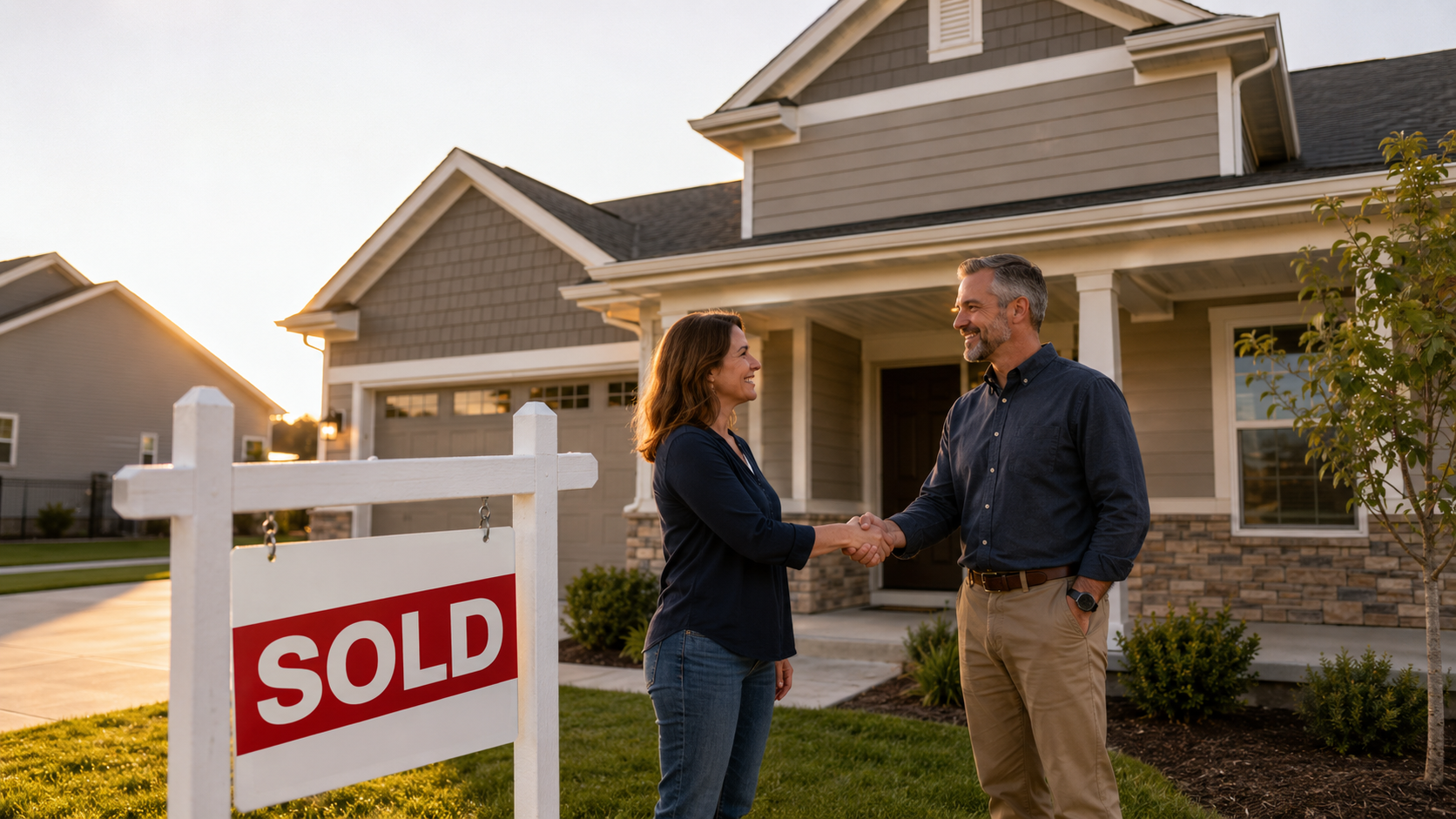 Builder and homeowner shaking hands outside a completed Kansas City suburban home with a SOLD sign at golden hour. Builder and homeowner shaking hands outside a completed Kansas City suburban home with a SOLD sign at golden hour.