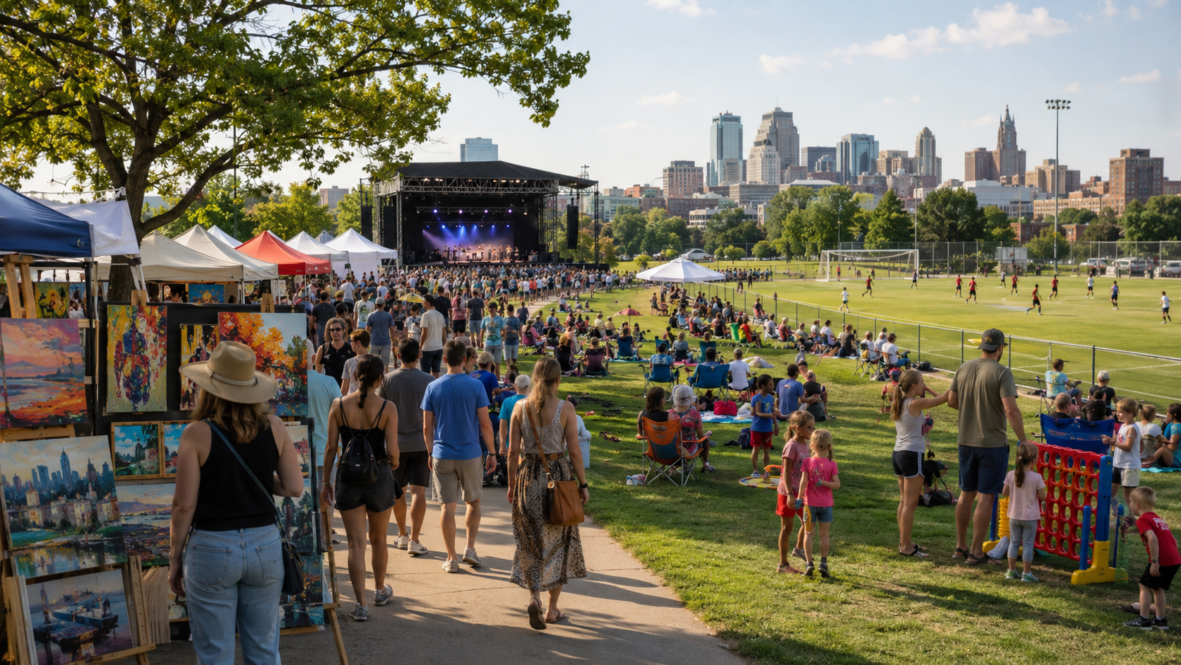 Kansas City weekend activities featuring an outdoor concert, food vendors, women’s soccer, an art walk, and a family festival.