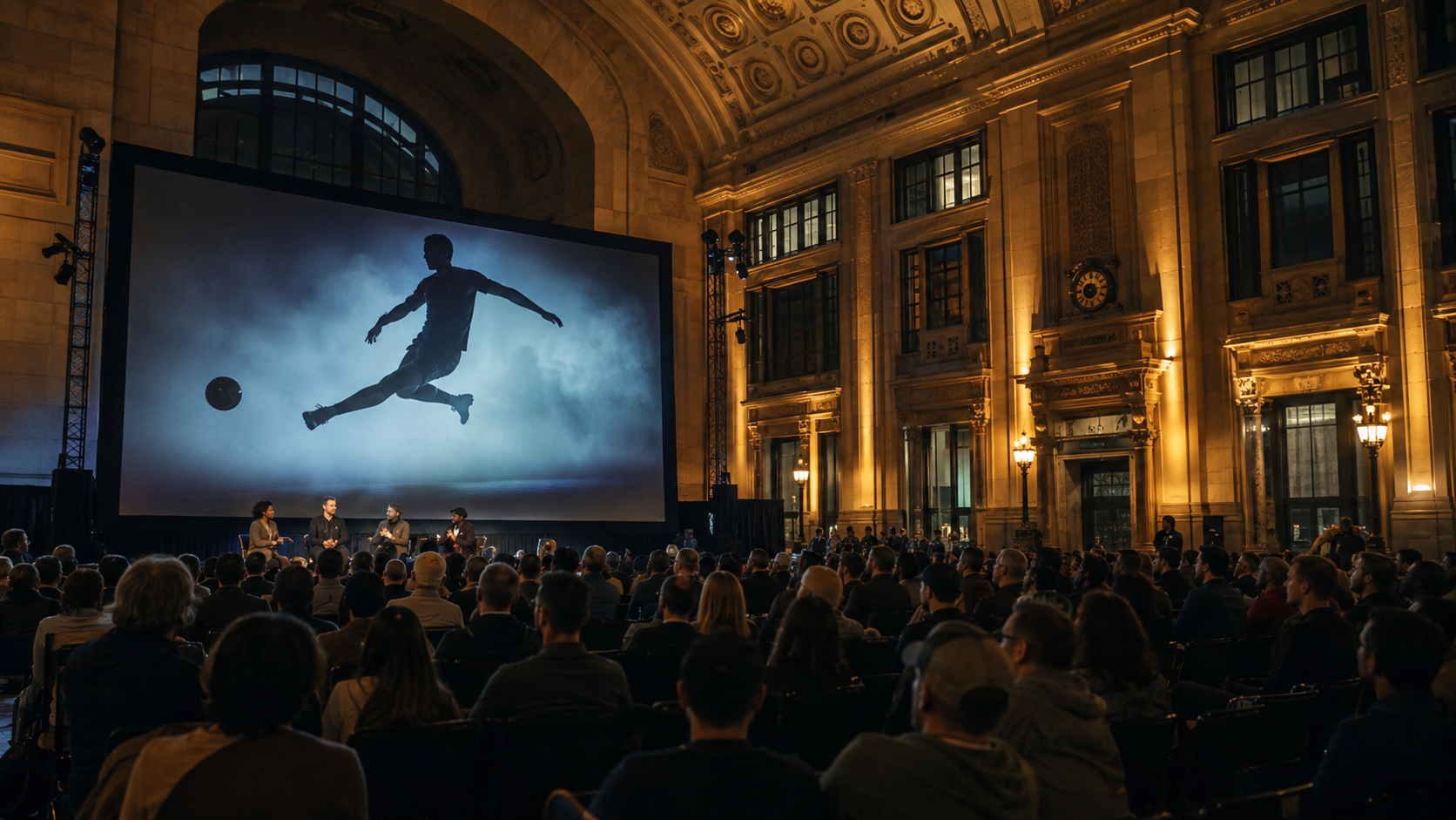 Kansas City sports film festival inside historic Union Station with filmmakers, a seated audience, and an athlete projected on screen.