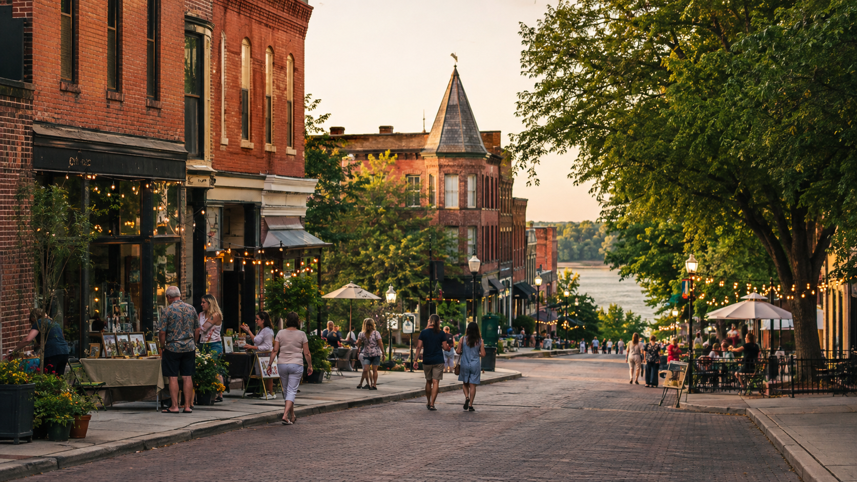 Historic Downtown Parkville, Missouri, with brick storefronts, local vendors, café patios, and pedestrians during a summer evening event.