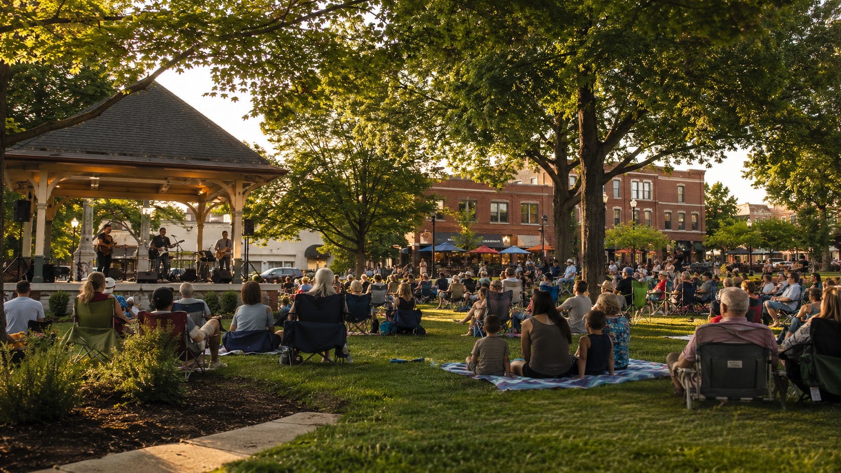 Free summer concert in a Kansas City suburban park with local musicians, families on blankets, lawn chairs, and nearby brick shops.