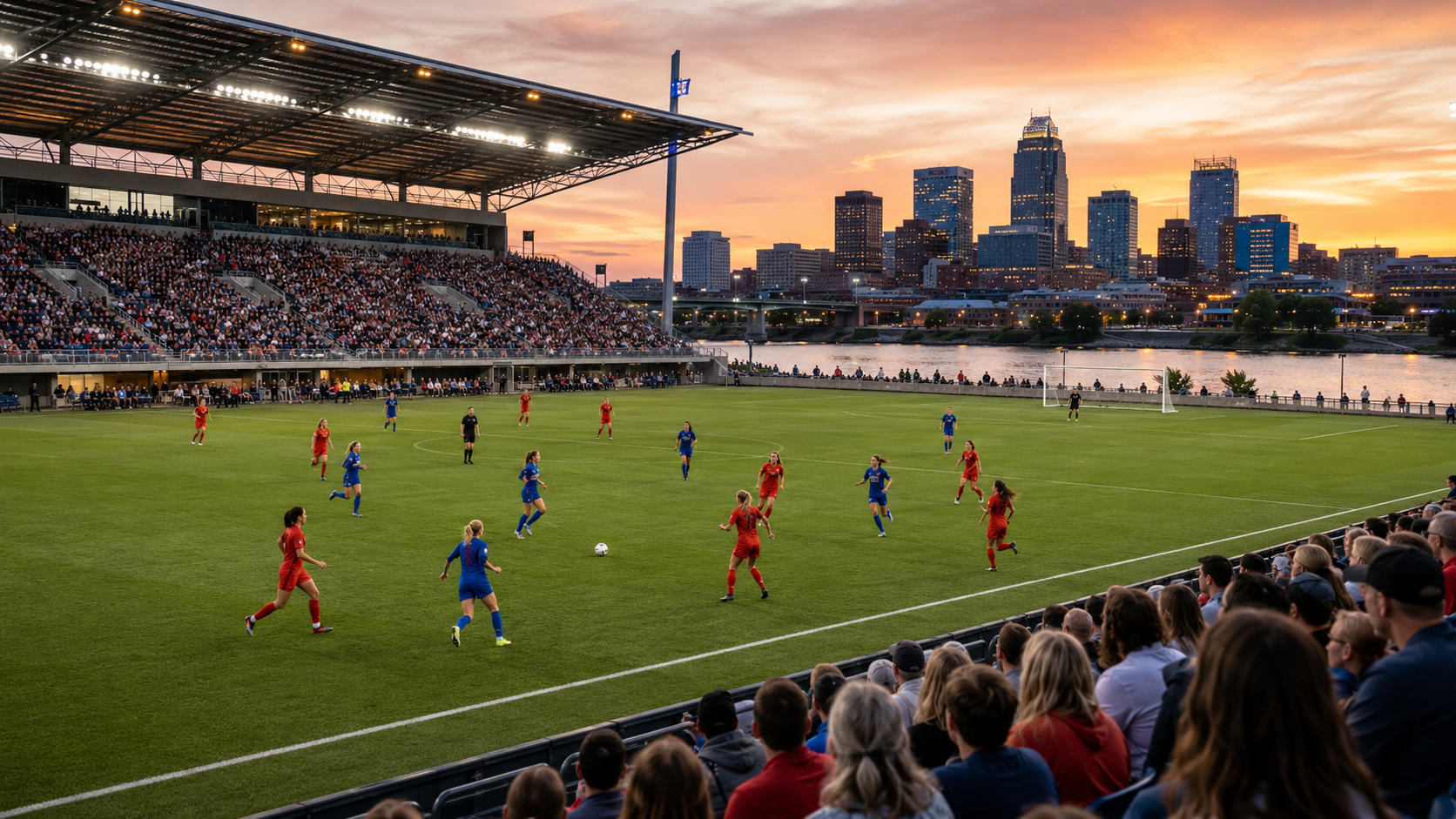Professional women’s soccer match at a Kansas City riverfront stadium with a packed crowd, Missouri River, downtown skyline, and sunset sky.